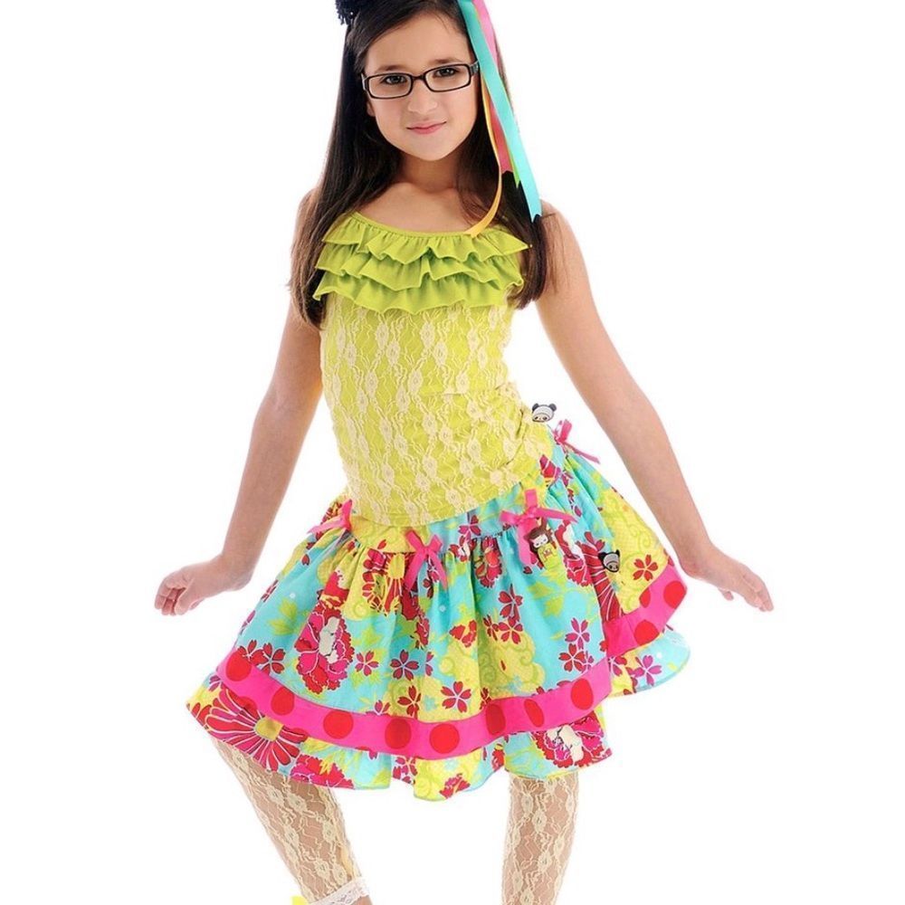 Servane Barrau Designs Outfit Blue Kokeshi Skirt and Green Ruffle Cotton Tank